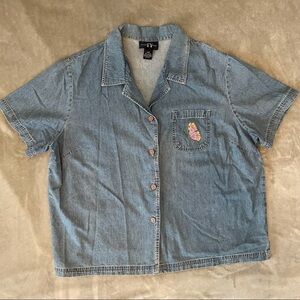 Original TY Wear Short Sleeve Denim Button Down Top Embroidered Butterfly 22W